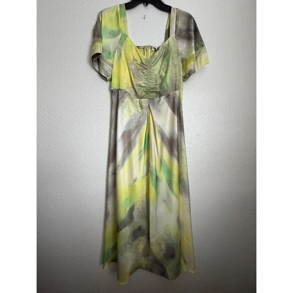 Dkny Midi Dress Womens S Watercolor Hues Ruched Printed Satin Short Sleeve NWT - Picture 2 of 11